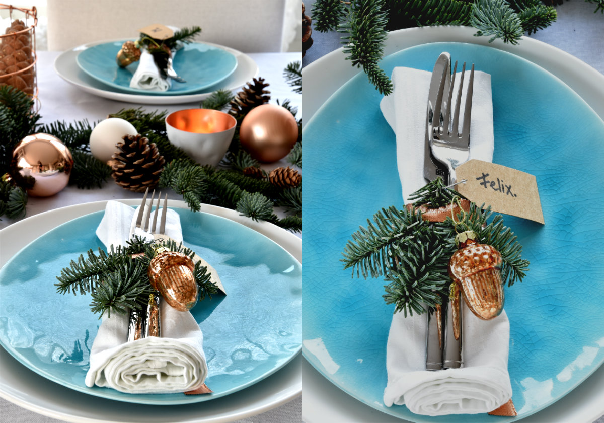 collage blauw bord kersttafel dekken koper