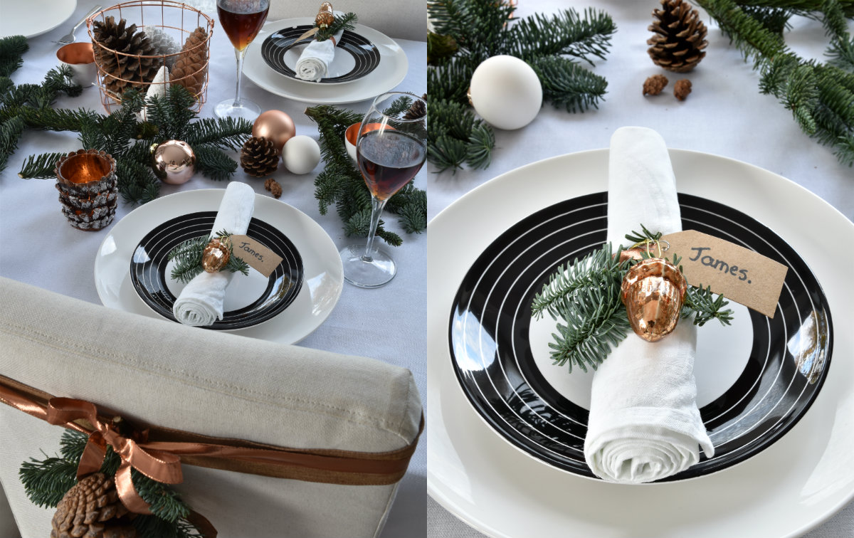 collage tafel dekken voor kerst zwart wit koper